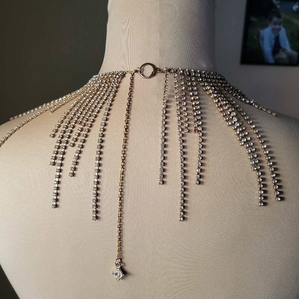 Sparkly Gold & Crystal Tassel Fringe Statement Choker Necklace - Picture 9 of 10